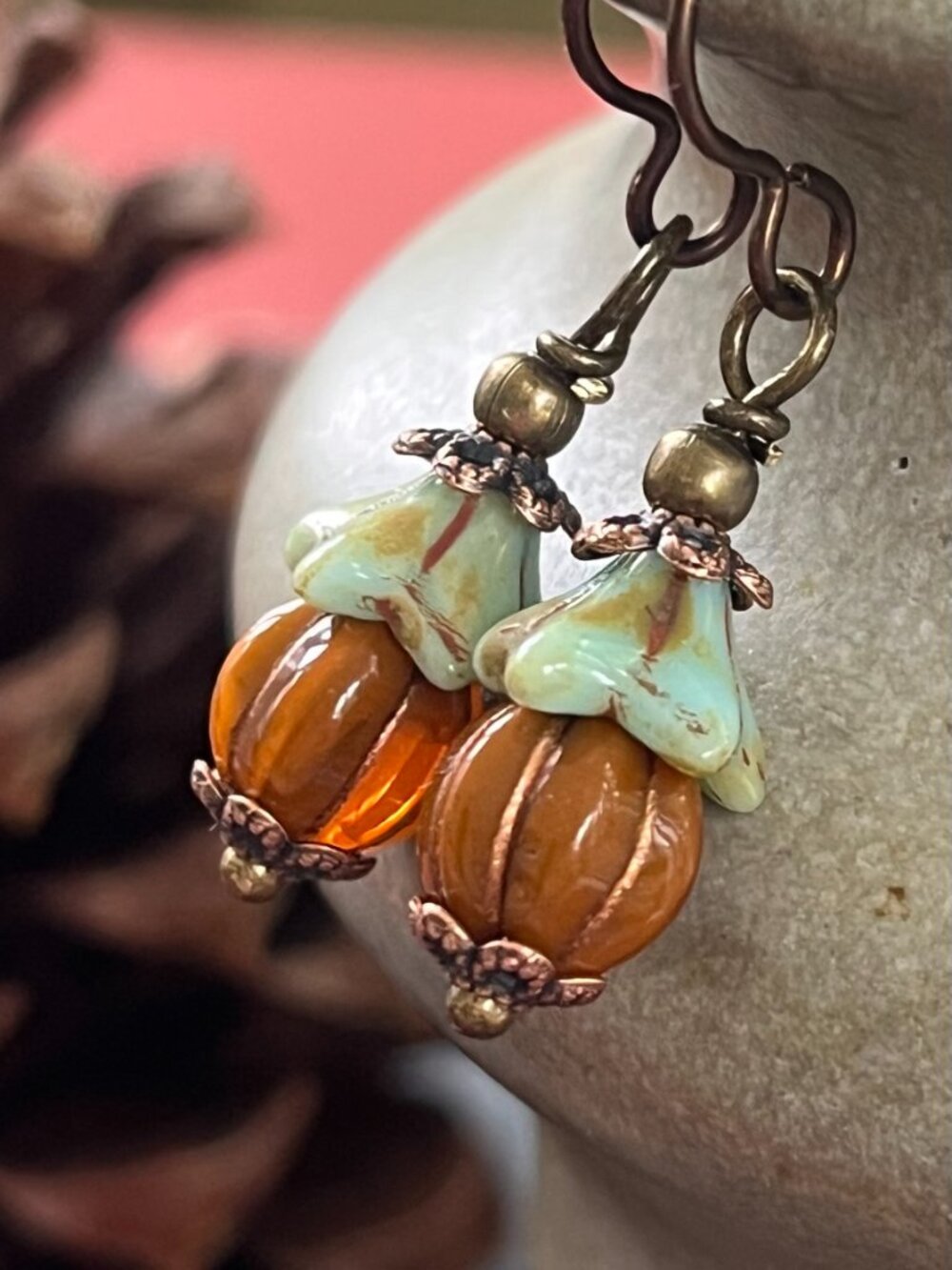 Petite Pumpkin Dangle Earrings | Czech Glass Fall Earrings